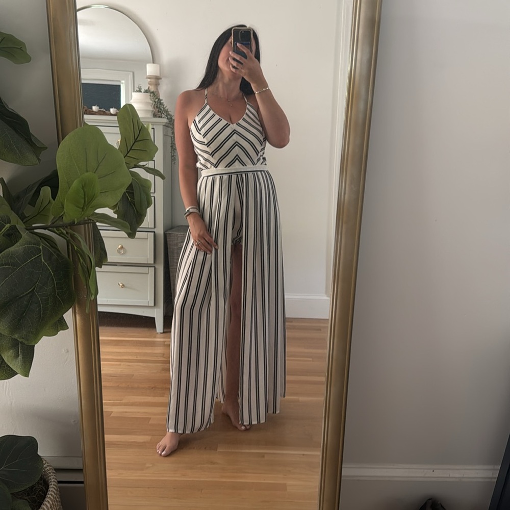 Elegant Black and White Striped Maxi Dress